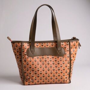 🦉 Fossil Owl Print Coated Canvas Tote Bag – Brown Leather Trim‎